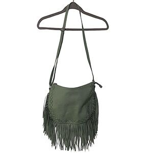 Fringe Studded BoHo Faux Leather Crossbody Purse Zipper Closure Color Mint